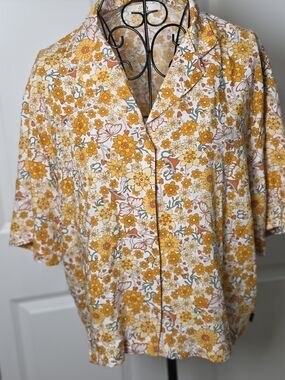 Vans Retro Floral Button Up Shirt Orange Yellow 70s Style Festival Camp Medium